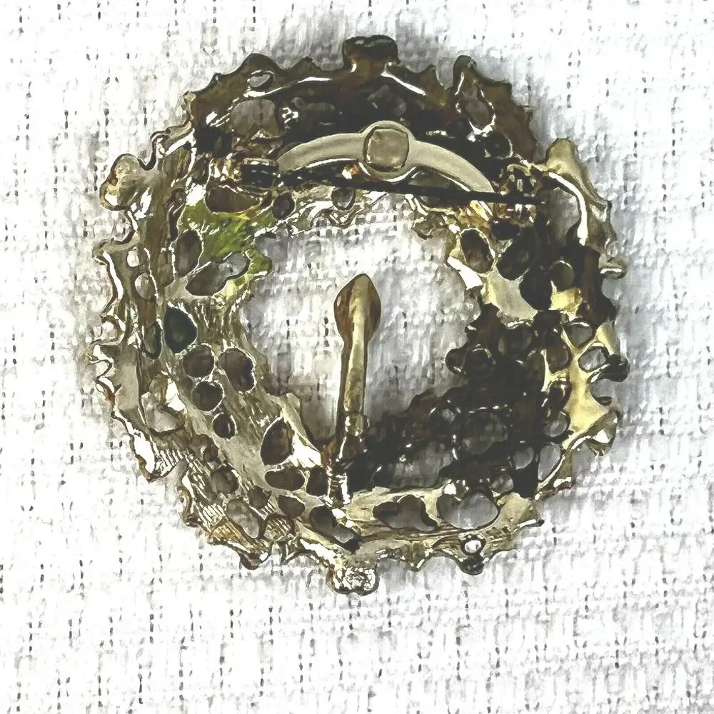 Christmas Pin Brooch Holly Wreath Candle Gold Red Vintage Costume Jewelry Party